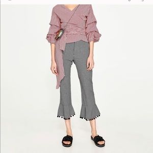 Zara Gingham Flare Pom Pom Pants